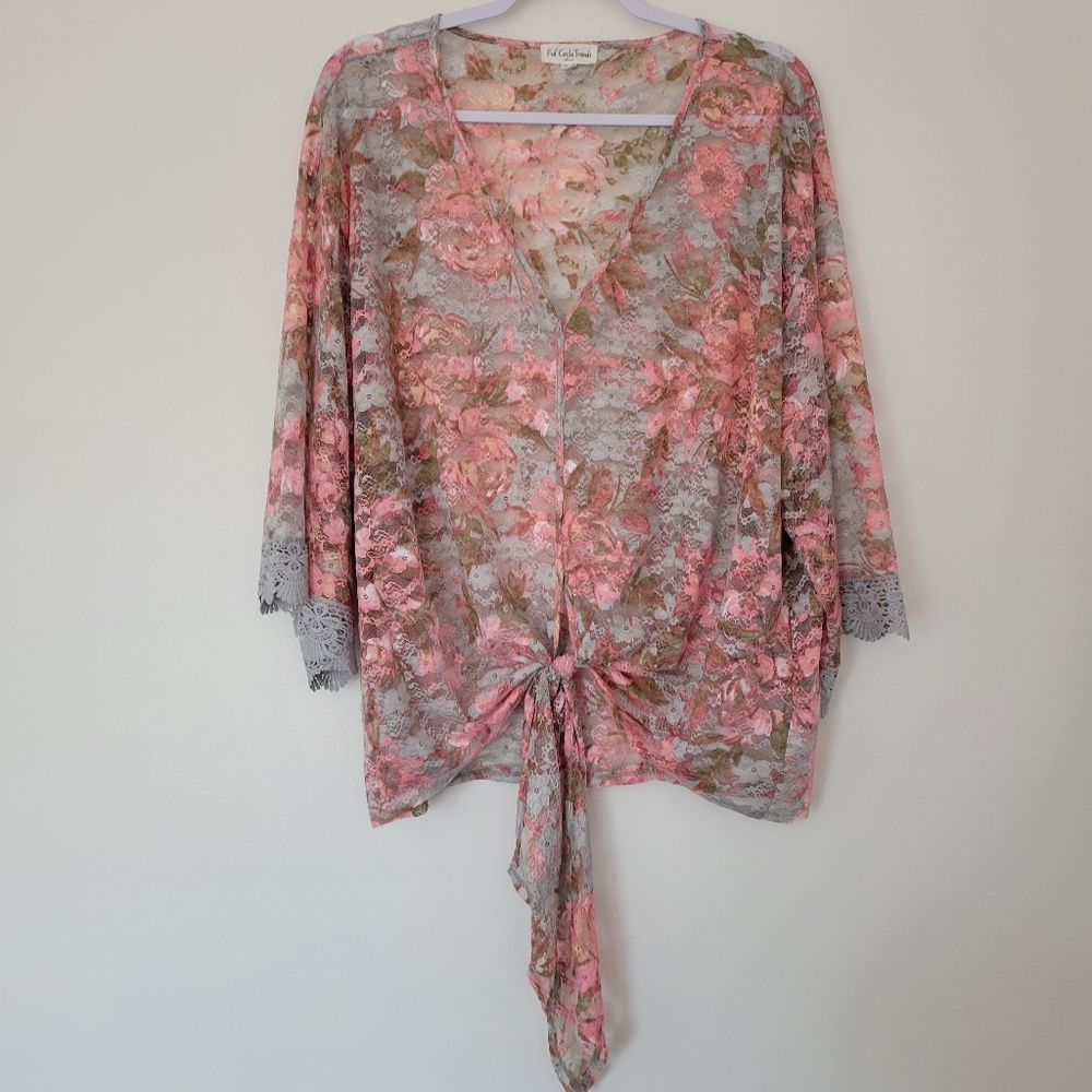 Peach Pink Floral Summer‎ Beach Sheer V neck Top 3X